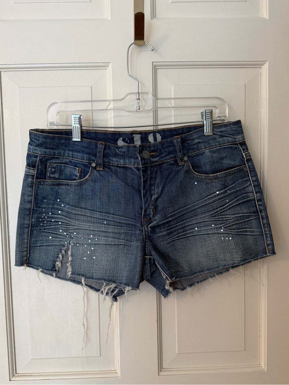 Womens Distressed Blue Denim Jean Shorts with Rhinestone Detail
